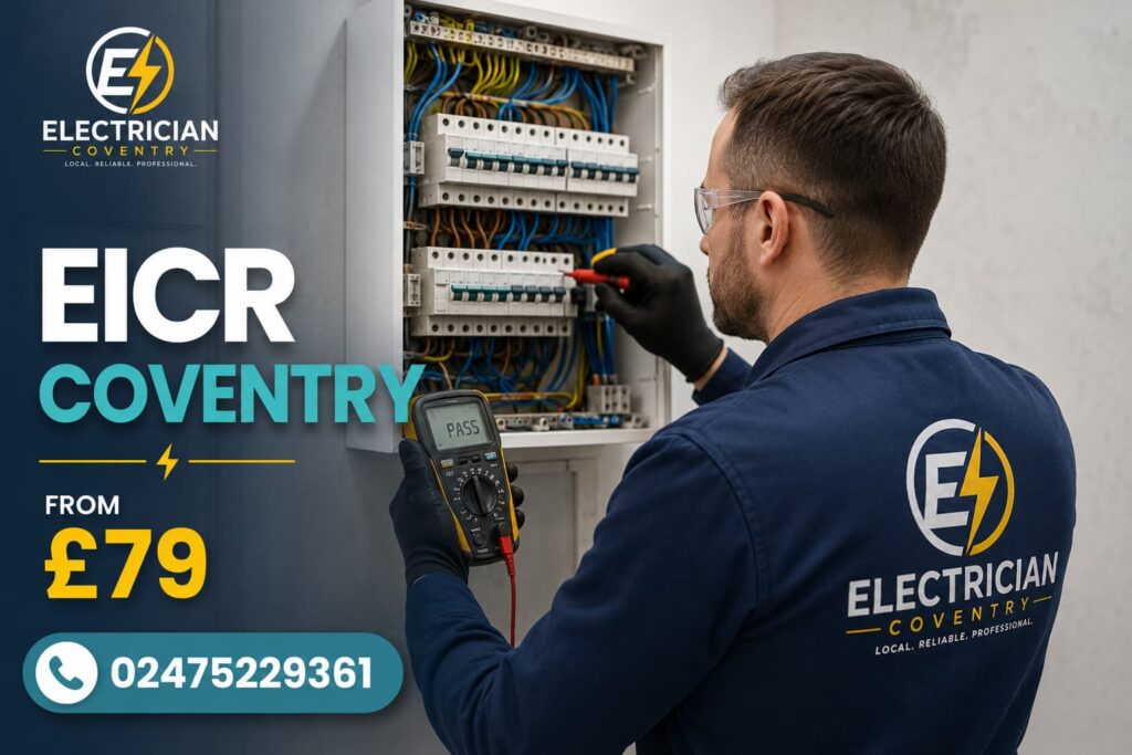 Professional electrician inspecting a consumer unit with testing equipment in Coventry.