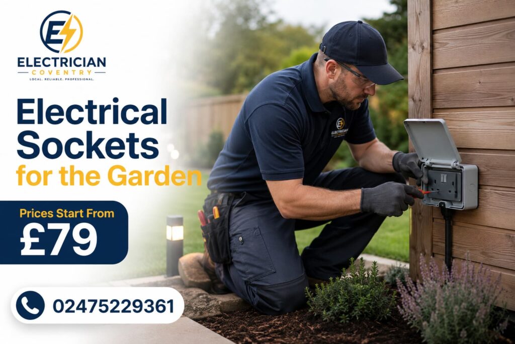 Professional electrician repairing an outdoor power outlet in a modern garden setting.