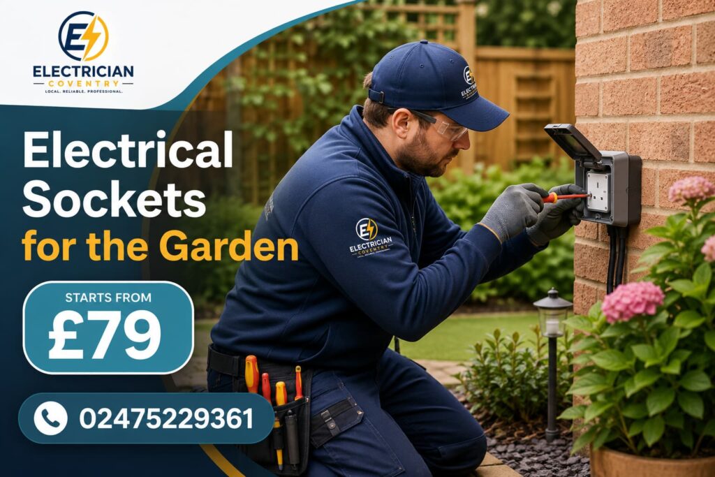 Professional electrician repairing outdoor power outlet in residential garden setting