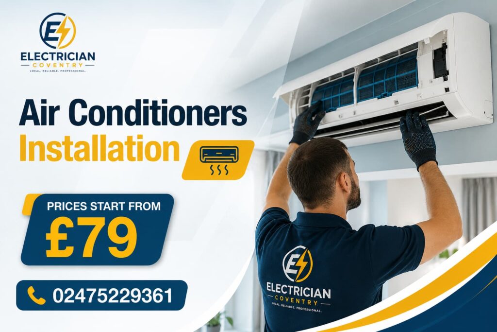 Professional AC technician servicing a wall-mounted cooling unit in Coventry