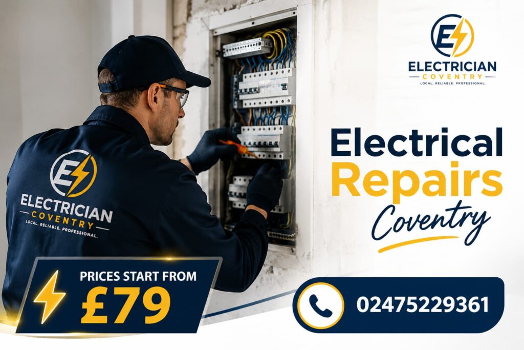 Professional electrician fixing an electrical panel in Coventry home