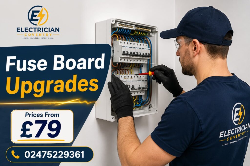Professional electrician repairing a consumer unit in a modern home.