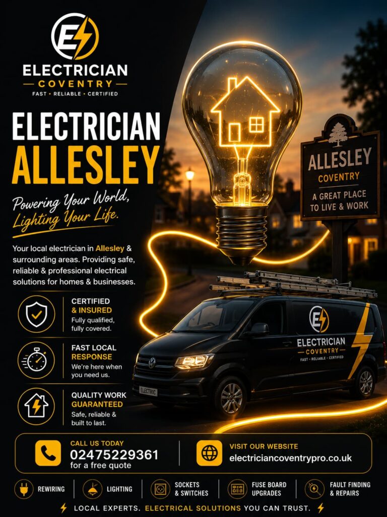 Electrician Allesley delivers professional electrical services, including repairs, installations, inspections, and emergency support for residential and commercial properties.