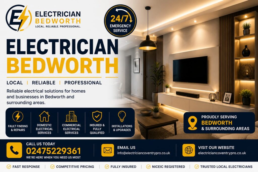 Reliable electrical solutions tailored for modern homes and businesses in Bedworth. From installations to repairs, we deliver safe, efficient, and dependable service you can trust.