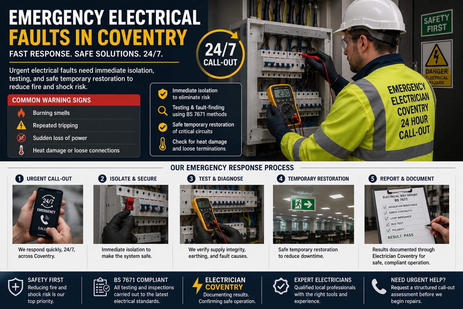 "24/7 Emergency Electrical Response in Coventry – Fast Fault Diagnosis, Safe Isolation, and Reliable Power Restoration." ⚡
